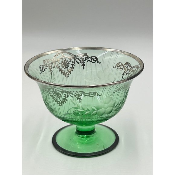 Vintage Green Glass Pedestal Bowl Footed Dish Sterling Silver Overlay Design - Picture 6 of 9
